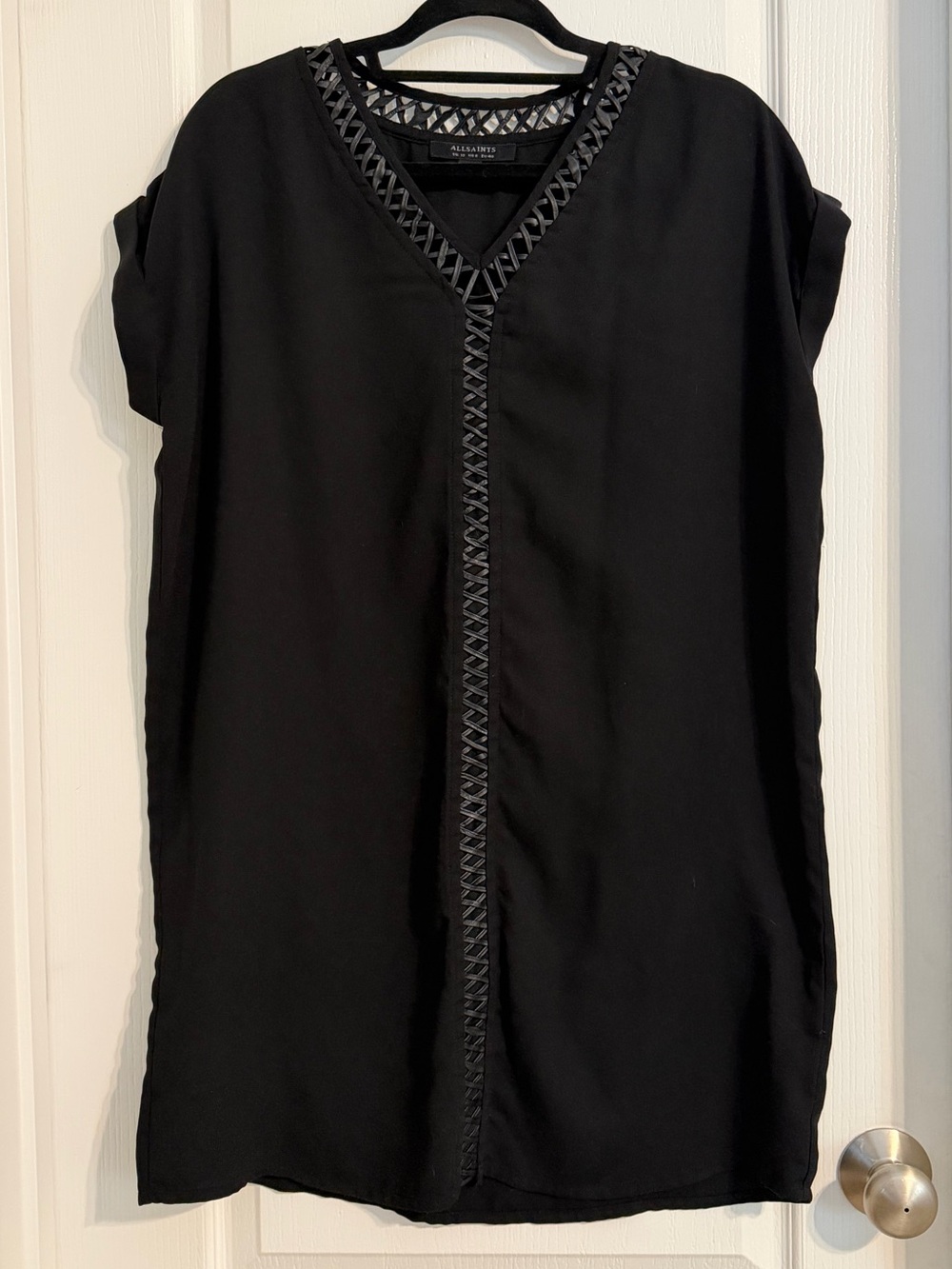 AllSaints Sabie Black Draped Ruched Cap Sleeve Dress Edgy Minimalist Size M
